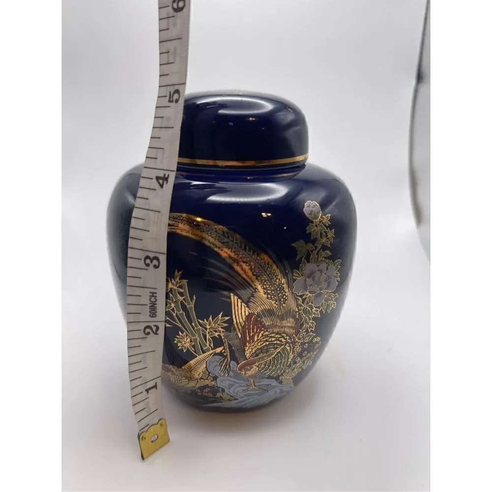 Ginger Jar vintage blue cobalt pheasant gold trimmed